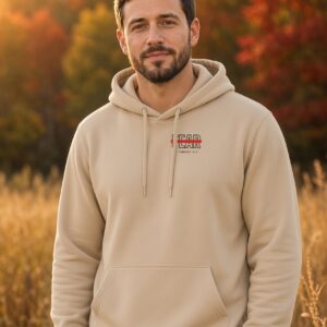 He Raised The Dead Co Not Fear Hoodie in Sand, worn, front