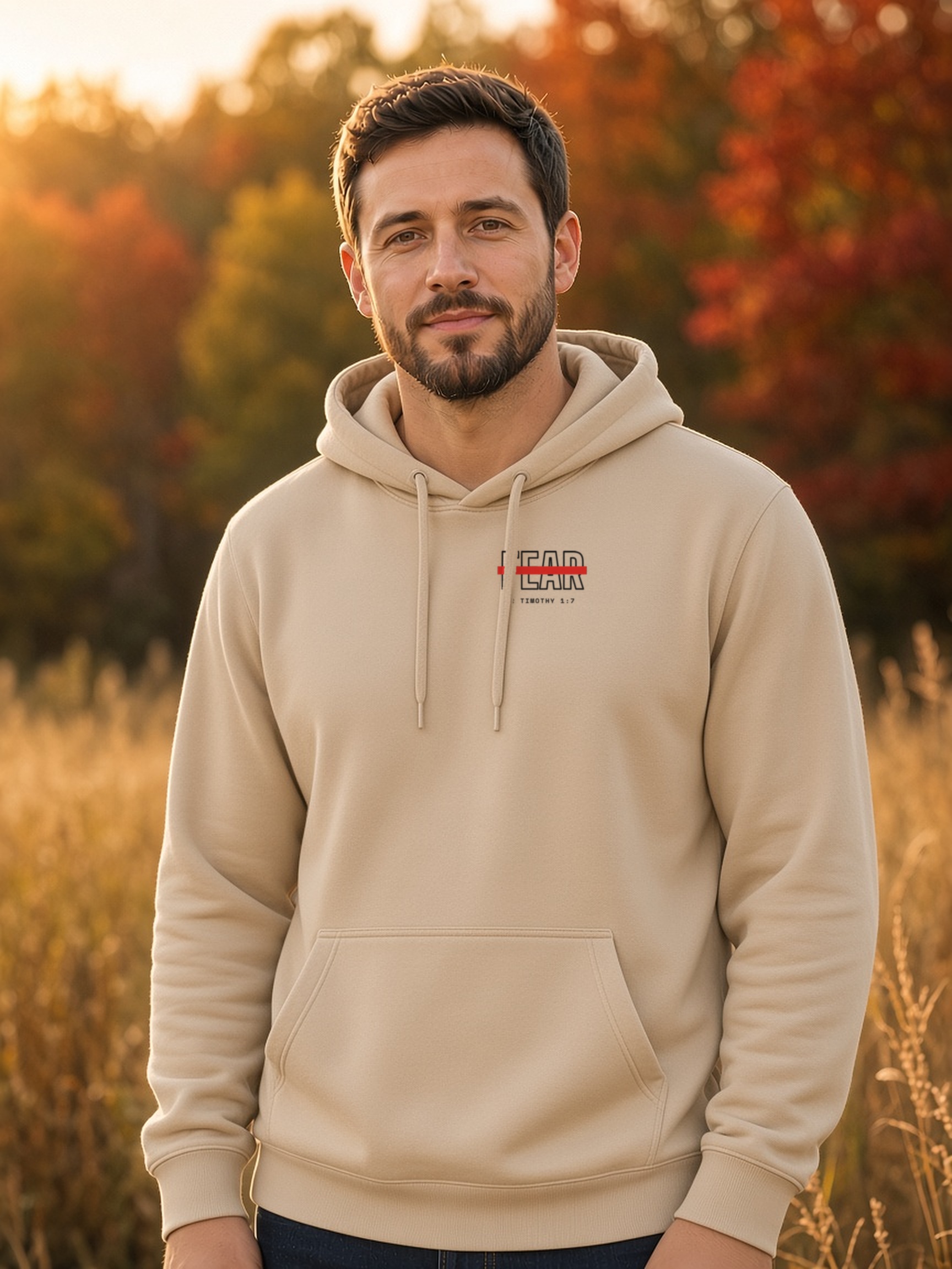 He Raised The Dead Co Not Fear Hoodie in Sand, worn, front