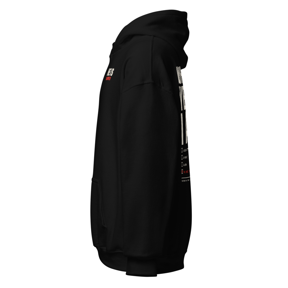 Whom Say Ye Hoodie in Black, left angle: HE IS with YAHWEH in red on the left chest